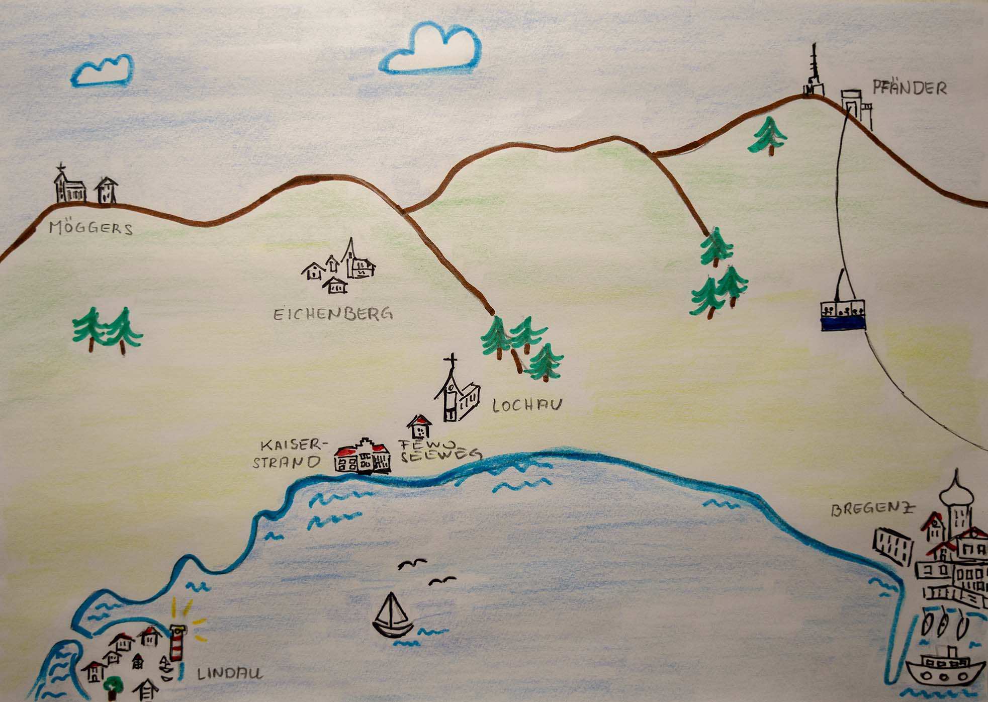 Gezeichnete Karte von Lochau sowie Umgebung (Vorarlberg)